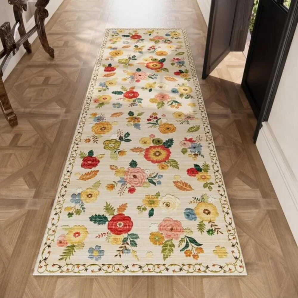 2x6 Washable Kitchen Runner, Non-Slip Low Pile Floral Rug for Hallway & Entry